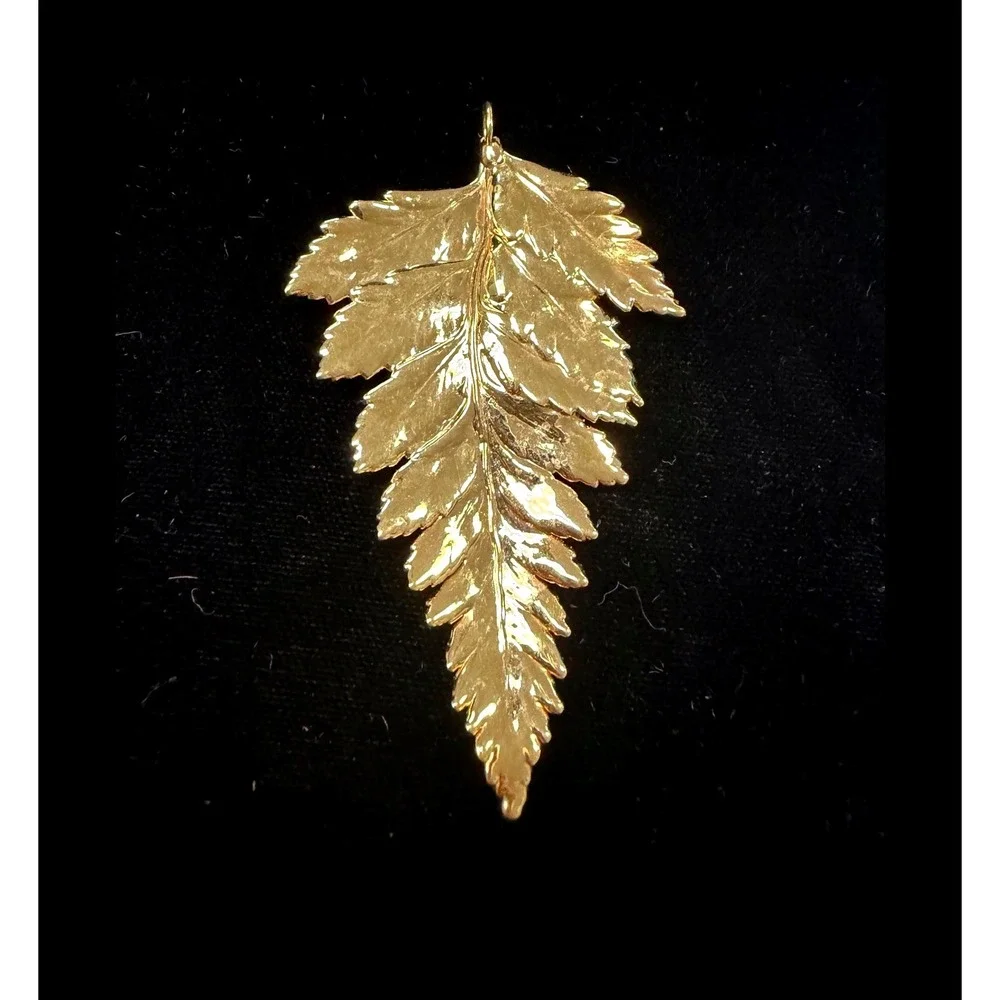 Vintage Gold Tone Fern Leaf Pendant Botanical Statement Jewelry Large 2.5 Inch
